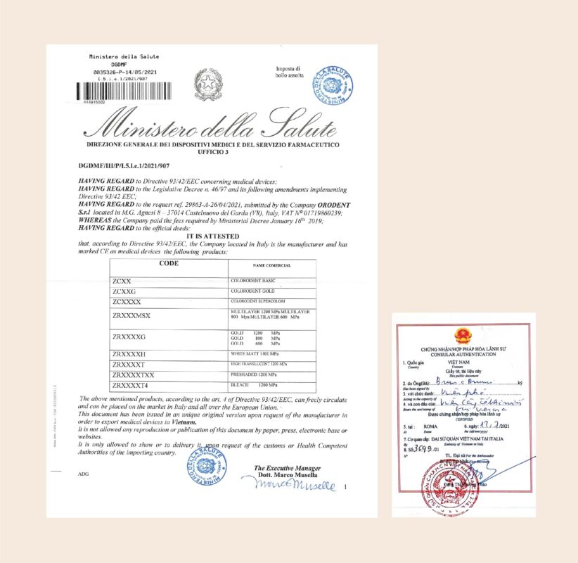 Chứng nhận kiểm định về nguồn gốc và chất lượng của Đại sứ quán Italia về răng sứ Orodent